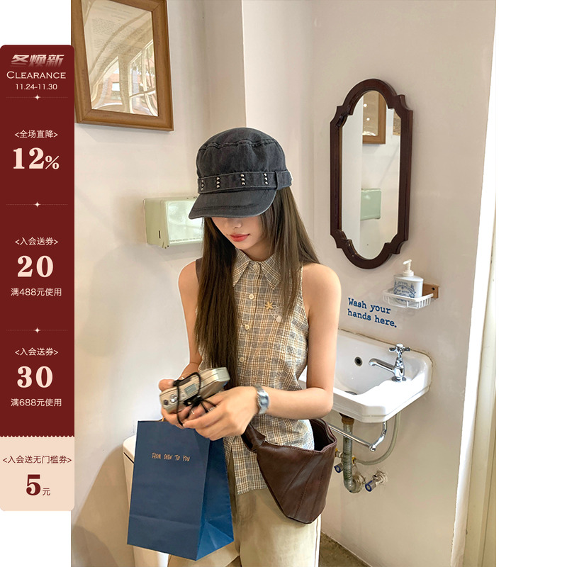 【现货】CCKOK 泡泡格纹海星无袖衬衫夏季薄款格子马甲背心外套女 - 封面