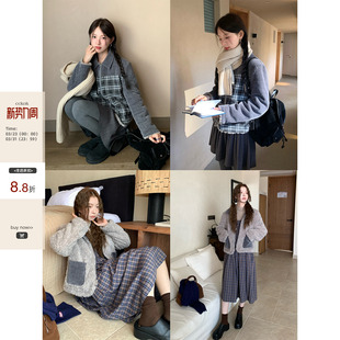 韩系风保暖重工雪尼尔拼格纹毛绒双面穿外套女 CCKOK冬季 现货