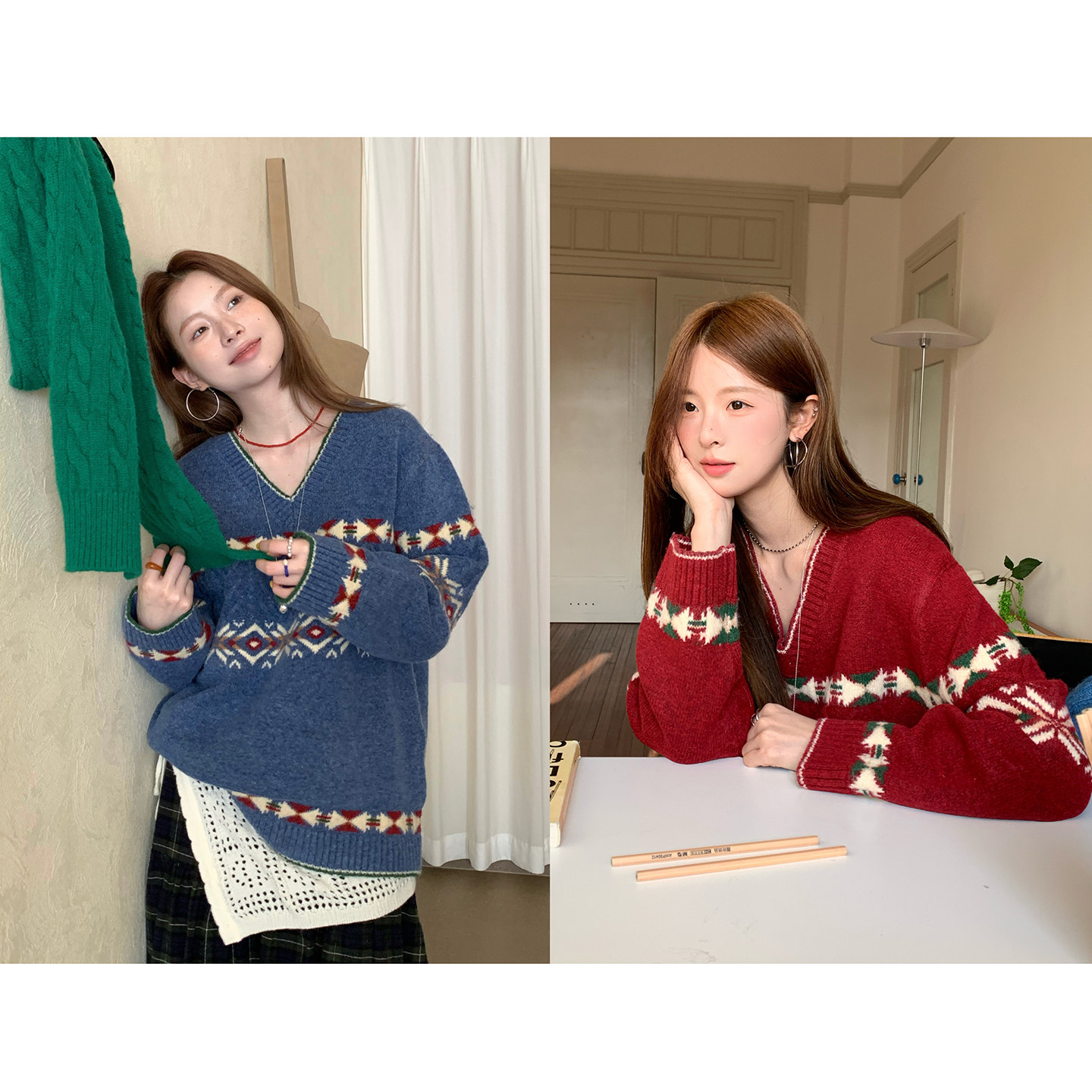 【现货】冬季韩系少女气质甜美保暖拼色图腾提花V领麻花厚毛衣女