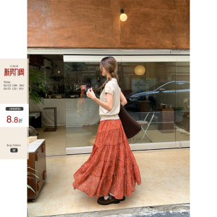 法式 小碎花雪纺半身裙夏季 CCKOK 复古少女松紧腰中长裙 现货