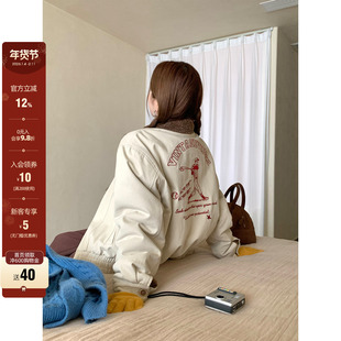 CCKOK 冬季韩系通勤气质保暖美式复古刺绣米杏色翻领内羔毛外套女