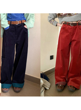 CCKOK  冬季新品韩系穿搭气质通勤  格纹拼接灯芯绒阔腿长裤女