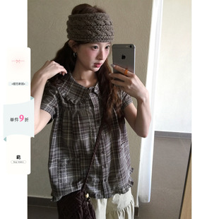 CCKOK 格纹花边娃娃领短袖衬衫2026夏季新款咖色格子休闲外套女