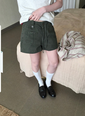 CCKOK 日系工装绑带抽绳短裤2026夏季新款直筒休闲阔腿五分裤女