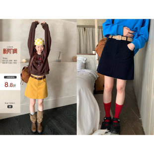 纯色柔软细灯芯绒短裙秋季 CCKOK a字显瘦百搭高腰半身裙 现货