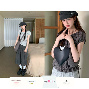 CCKOK 细格纹泡泡袖上衣2026夏季新款休闲舒适宽松复古格子短袖女