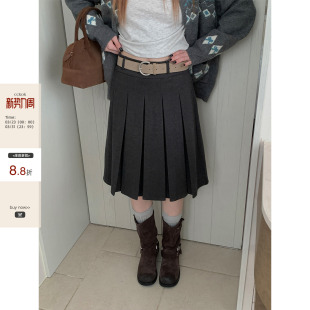 复古学院港风减龄西装 纯色毛呢百褶中裙秋季 CCKOK 半身裙 现货