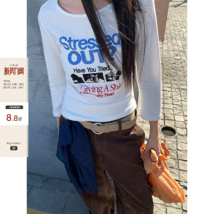 T恤女 CCKOK韩系通勤穿搭休闲风百搭字母印花华夫格七分袖 现货