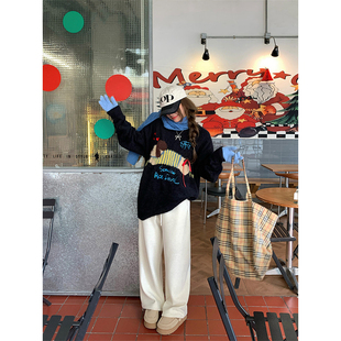 【现货】CCKOK 条纹腊肠小狗毛茸茸毛衣冬季套头软糯休闲针织衫女