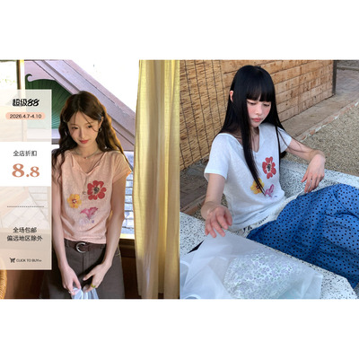 CCKOK彩色花朵V领雪花棉短袖T恤