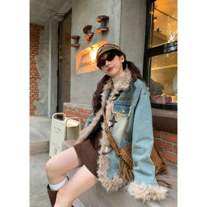 CCKOK 复古做旧破洞毛边牛仔夹棉外套2023秋冬新款小众设计棉服女