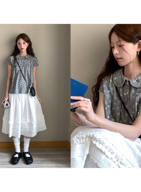 CCKOK 0423/10:00 灰色波点娃娃领木扣装饰上衣