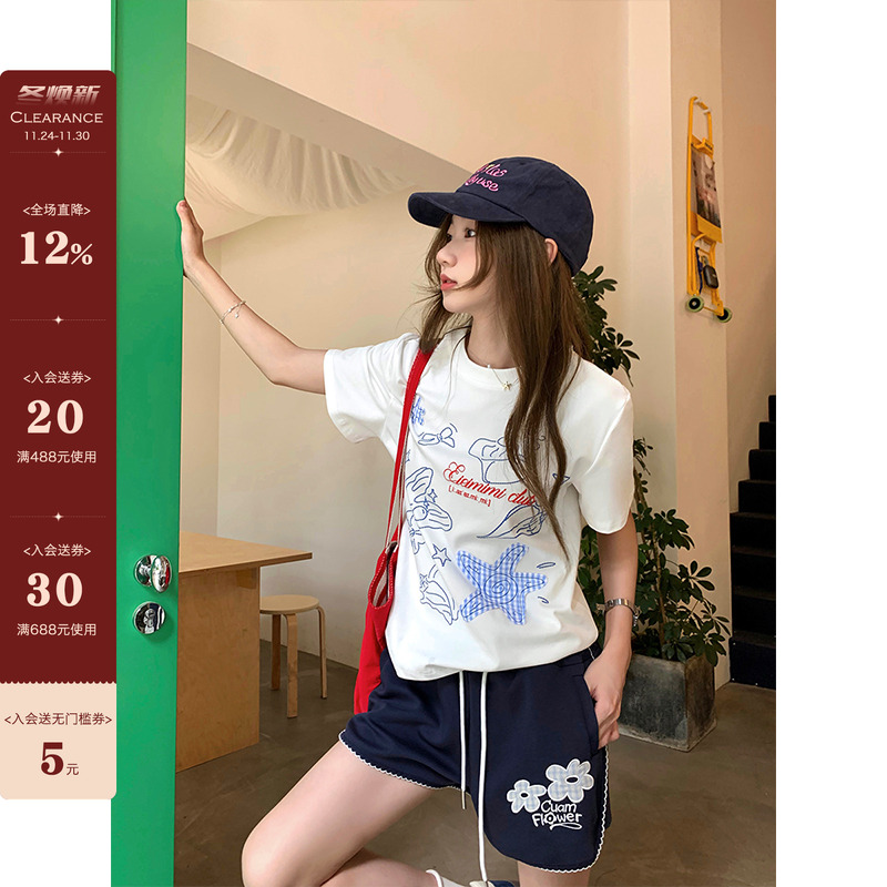 CCKOK虚线绣贝壳格纹海星正肩T恤2025夏季新款小众减龄设计短袖女