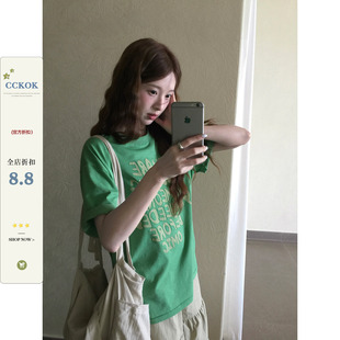 CCKOK 抹茶绿字母宽松T恤2026夏季新款复古宽松休闲小清新短袖女