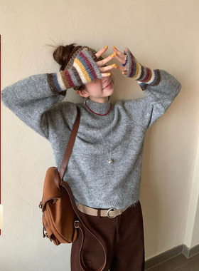 CCKOK秋冬韩系高级感 保暖气质拼色条纹袖半高领马海毛针织毛衣女