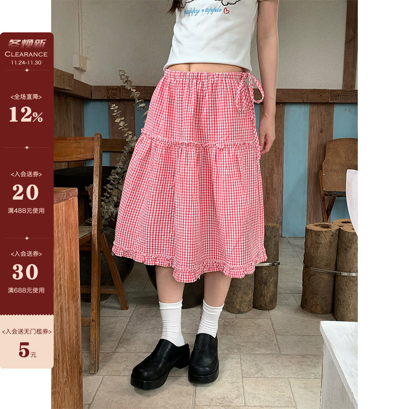 CCKOK拼色小格纹半身中裙