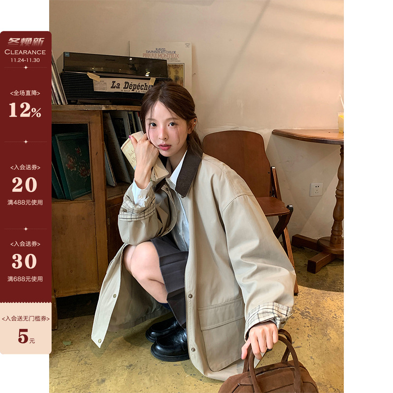 CCKOK灯芯绒翻领格纹袖风衣外套