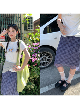 CCKOK 透感网纱紫色格纹中裙2026春夏新款小众包臀设计格子半身裙