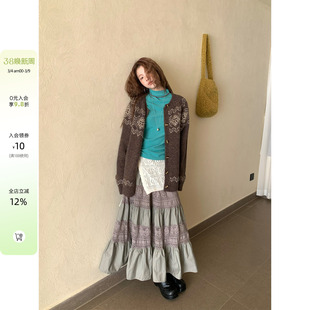 CCKOK 2026春夏韩系穿搭气质通勤 灰绿色拼接蕾丝半身长裙女