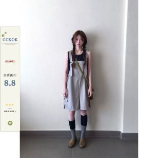 CCKOK 日系简约工装背带裤2026夏季新款灰色阔腿直筒休闲短裤女