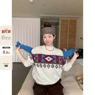 CCKOK 韩系通勤穿搭复古图腾提花彩点圆领针织毛衣女上衣 冬季