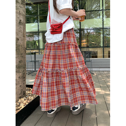 CCKOK  复古风红色格纹半身长裙2024夏季新款韩版高腰中长款裙女