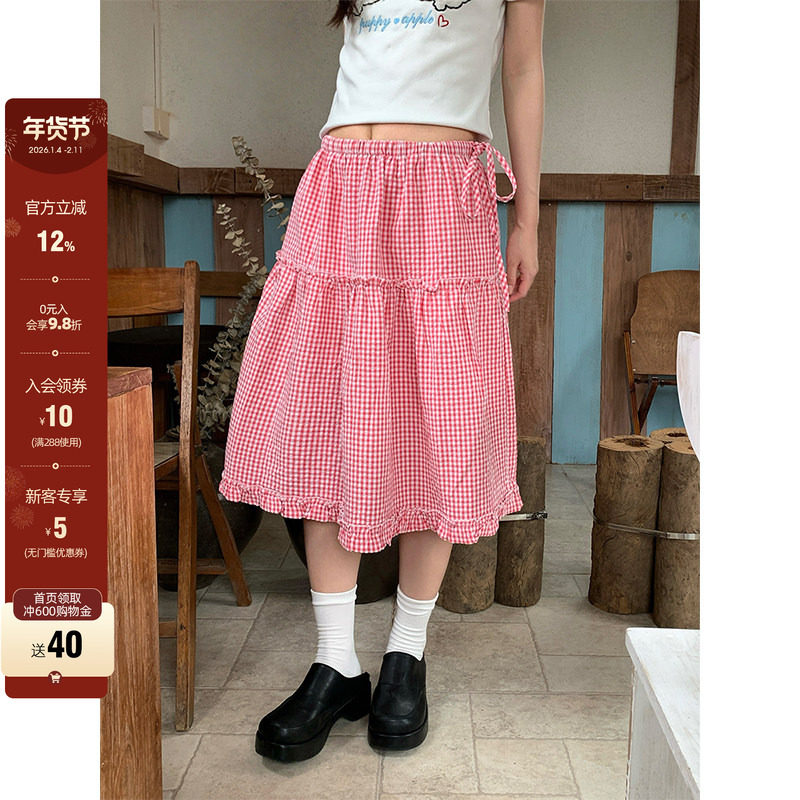 【现货】拼色小格纹半身中裙夏季新款小众格子设计绑带抽绳裙子,女装/女士精品,半身裙,淘宝优惠券,粉丝福利购,淘宝优惠卷
