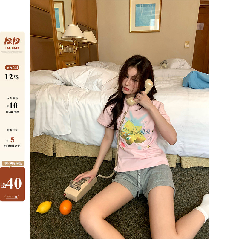 【现货】CCKOK 杨桃印花手绘烫钻正肩T夏季小众设计休闲短袖女