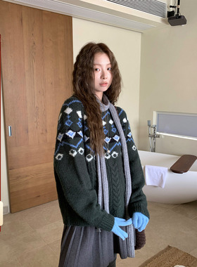 CCKOK 1220/20:00冬季韩系复古菱形费尔岛18%羊毛绿灰色毛衣女
