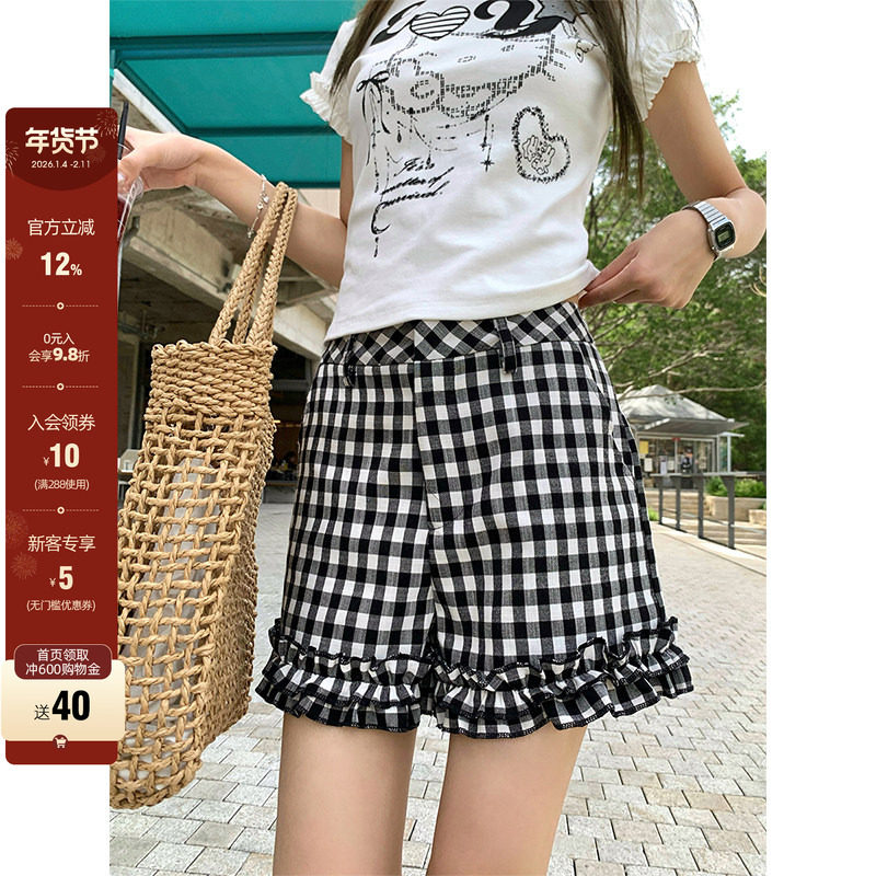 【现货】CCKOK 黑白格子荷叶边短裤夏季学院直筒阔腿打底裤外穿女,女装/女士精品,休闲裤,淘宝优惠券,粉丝福利购,淘宝优惠卷
