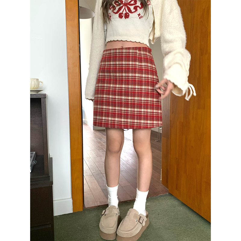 【现货】CCKOK 新年红格纹短裙复古小众a字减龄百搭格子半身裙春