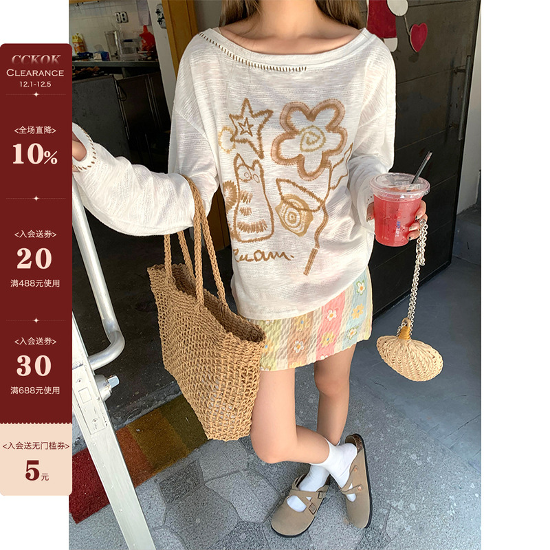 CCKOK印花斜肩长袖罩衫