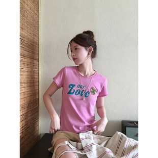 CCKOK 字母印花正肩T恤2026夏季新款休闲舒适修身设计粉色短袖女