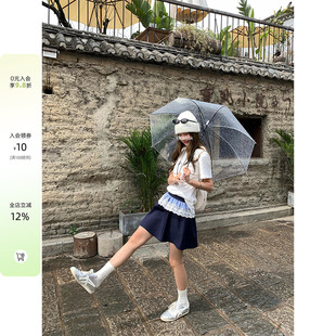 【现货】CCKOK 格纹蕾丝边拼接伞裙短裙夏季港风减龄a字半身裙