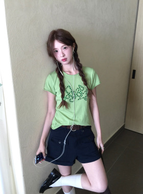 CCKOK 波点字母正肩T恤2026夏季新款修身小众设计绿色休闲短袖女