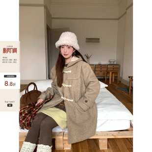 秋冬保暖卷毛牛角扣连帽中长款 韩国气质通勤 CCKOK 大衣 现货