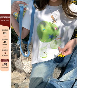 减龄港风白色短袖 新款 女 fresh绿苹果立体钻正肩T恤2025夏季 CCKOK