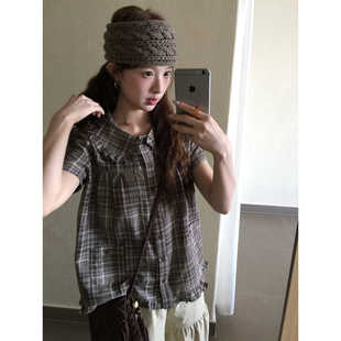CCKOK 格纹花边娃娃领短袖衬衫2026夏季新款咖色格子休闲外套女