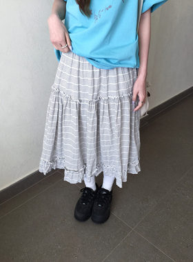 皱感横条纹中裙宽松休闲半身裙