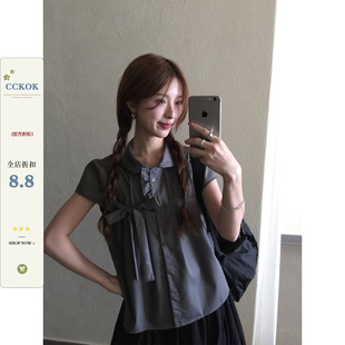 CCKOK 韩系学院风蝴蝶结短袖衬衫2026夏季新款深灰色衬衣外套女