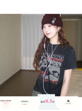 CCKOK 洗水做旧摇滚T恤2026夏季新款美式复古甜酷高街黑色短袖女