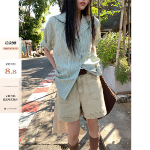 2026春夏新款 CCKOK 日系竖条纹休闲短袖 衬衫 领衬衣外套女 宽松西装