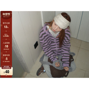 【现货】CCKOK 拼色条纹厚实连帽毛衣开衫秋季复古甜酷针织外套女