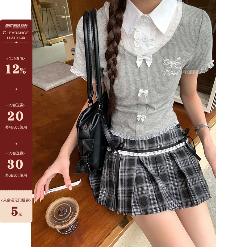 【现货】设计感假两件拼接短袖夏季蝴蝶结减龄修身上衣女潮