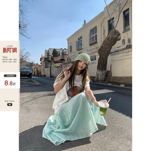 ins风盐系少女中长裙 新款 CCKOK 薄荷绿镂空钩花半身裙2026夏季