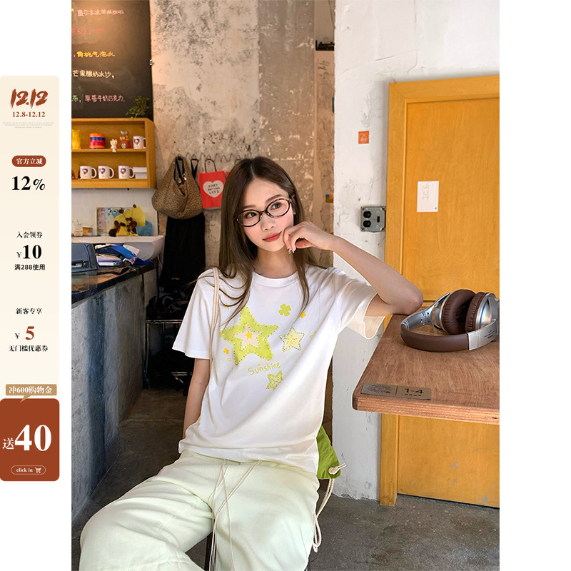 【现货】CCKOK 烫钻星星杨桃印花正肩T恤夏季小众百搭休闲短袖女