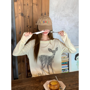 早秋小心机设计长袖 素描小鹿印花透感罩衫 CCKOK 上衣女 现货