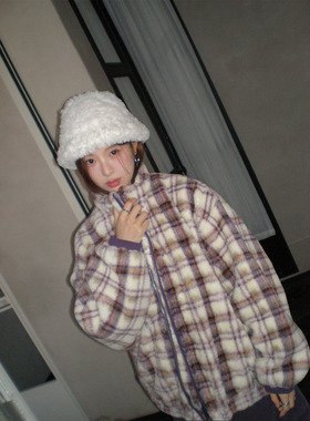 CCKOK 冬季加厚保暖格子 紫白格纹毛绒长袖紫白格纹外套女上衣