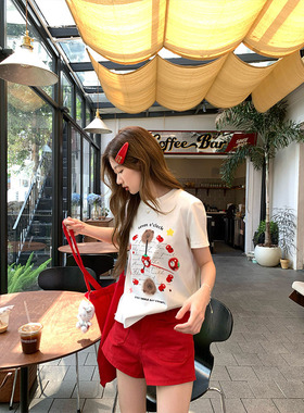 【现货】CCKOK 卡通小猫时钟印花正肩T恤夏季减龄设计小众短袖女