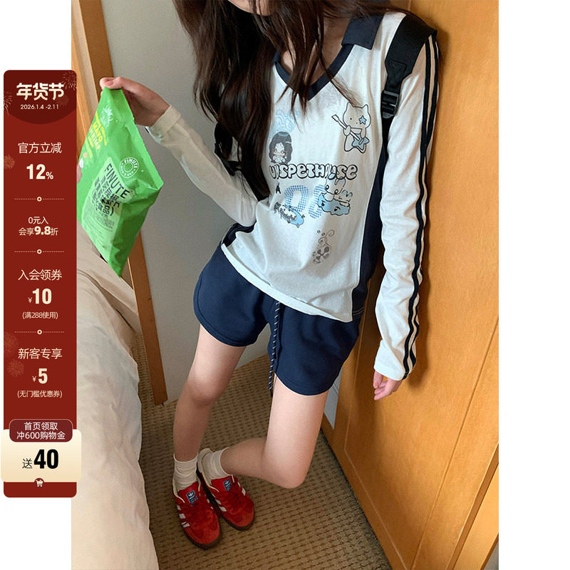 CCKOK 动漫印花v领翻领后绑带长袖T恤2025夏季新款薄款修身上衣女,女装/女士精品,T恤,淘宝优惠券,粉丝福利购,淘宝优惠卷